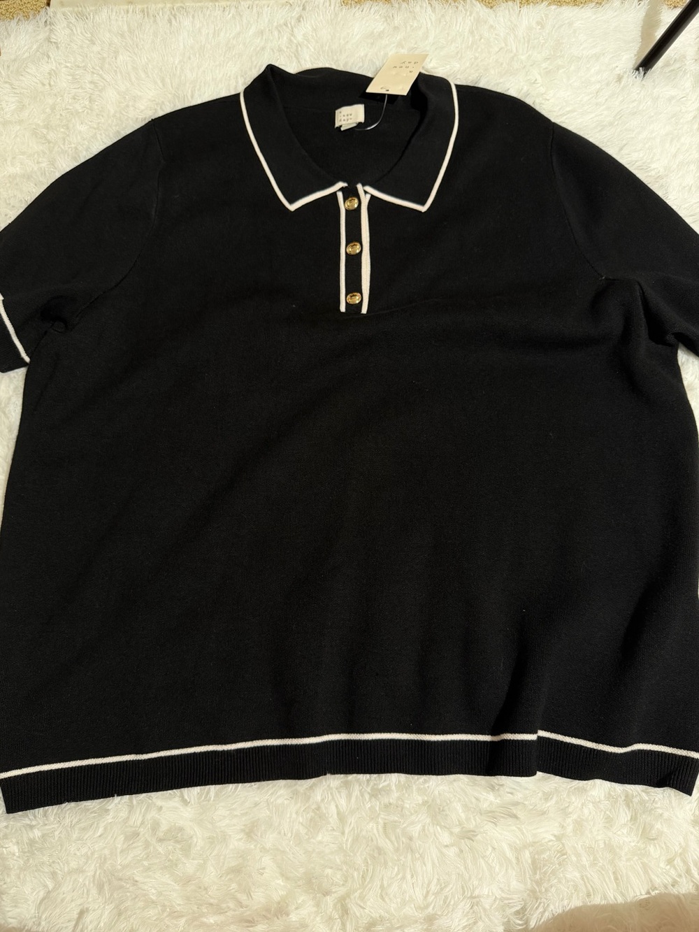 NWT 3X A New Day Black Button Down Polo Ribbed Short Sleeve Striped Pipe Detail